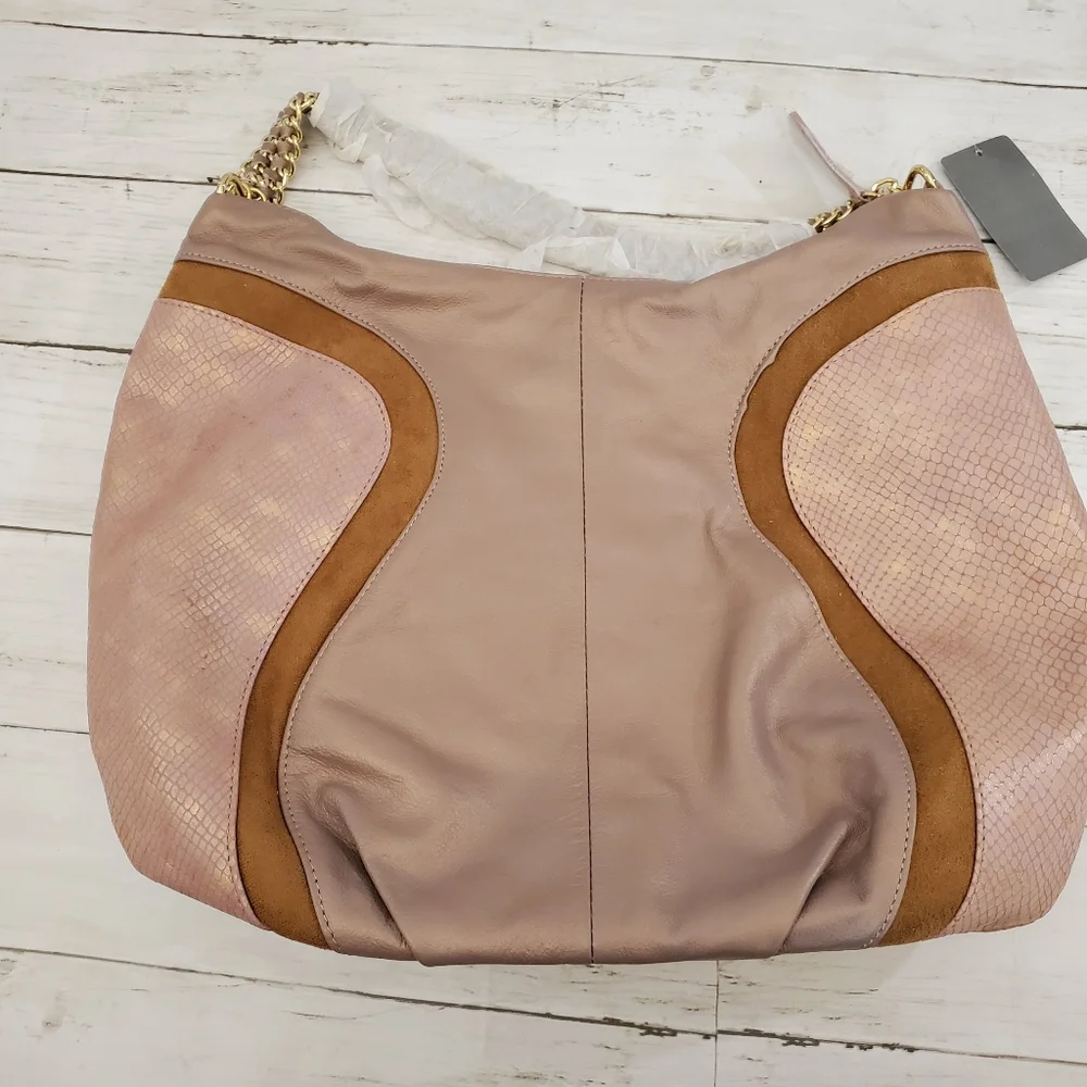 NWT Sharif Hobo Bag Reptile Print Suede Dusty‎ Pink Copper Metallic Purse